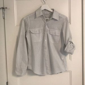 White with navy blue polka dot blouse